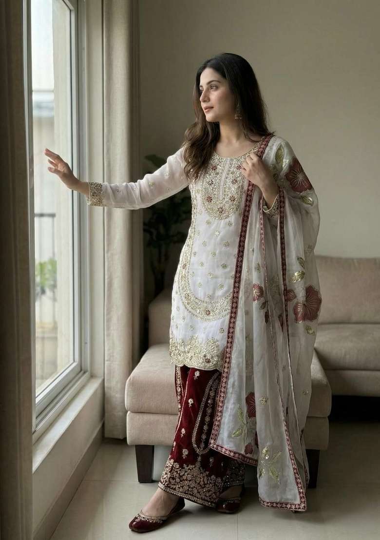 White And Maroon Embroidered Silk Palazzo Set - Indya