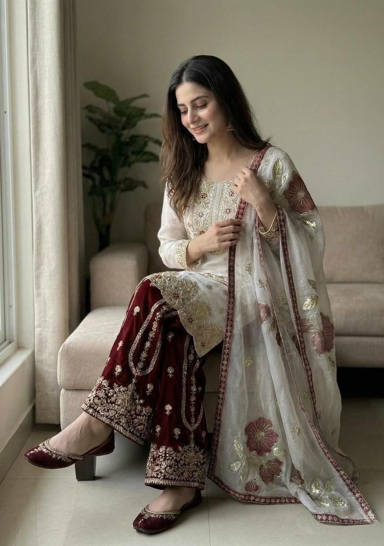 White And Maroon Embroidered Silk Palazzo Set - Indya