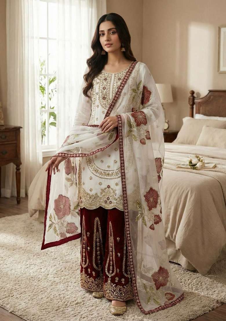 White And Maroon Embroidered Silk Palazzo Set - Indya