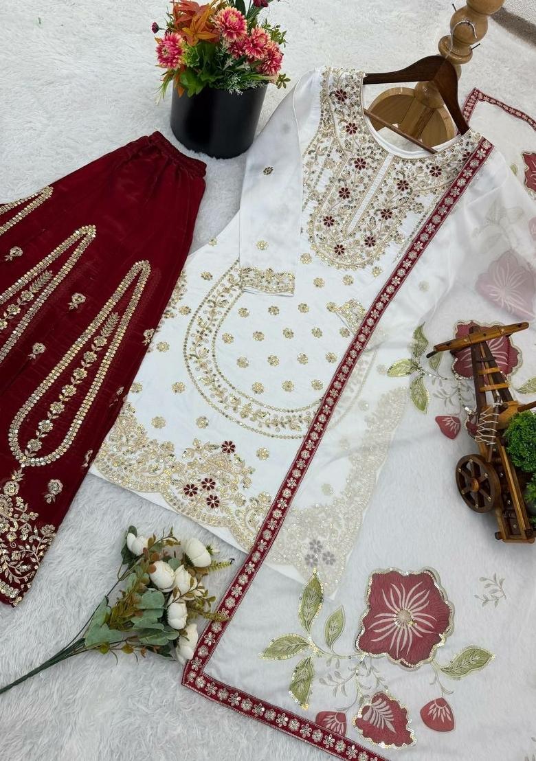 White And Maroon Embroidered Silk Palazzo Set - Indya