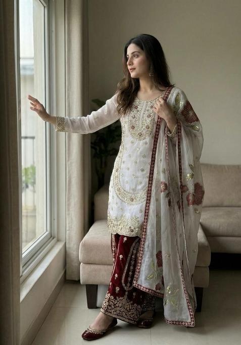 White And Maroon Embroidered Silk Palazzo Set