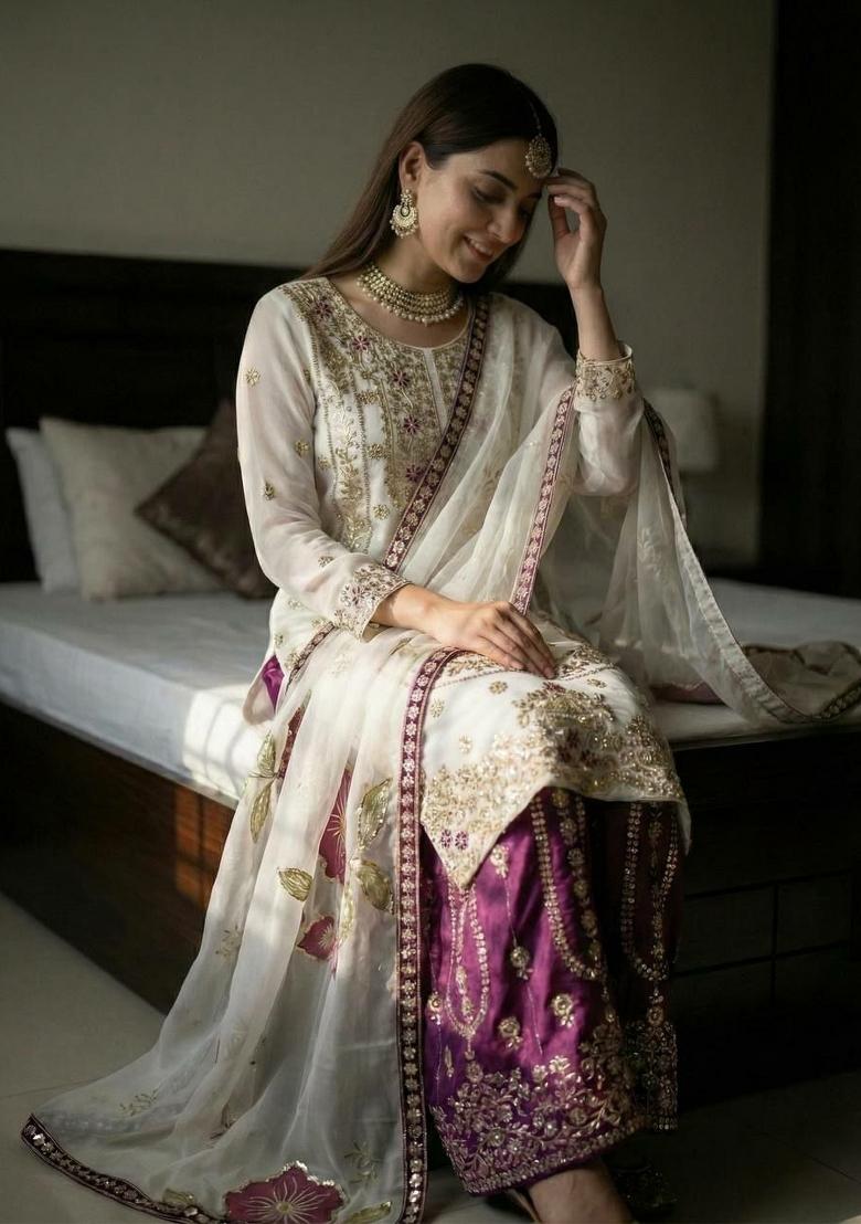 White And Pick Embroidered Silk Palazzo Set - Indya
