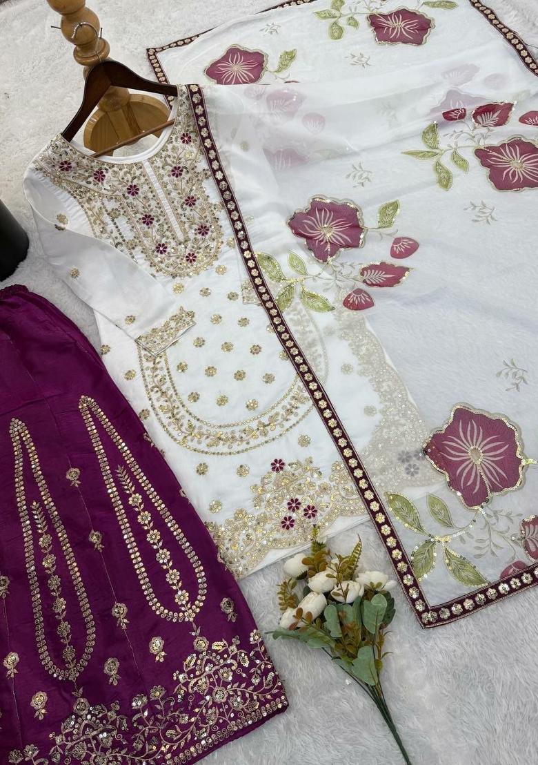 White And Pick Embroidered Silk Palazzo Set - Indya