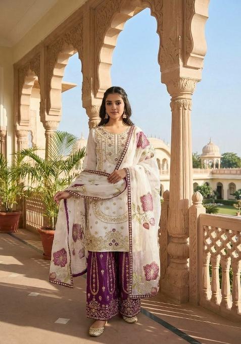 White And Pick Embroidered Silk Palazzo Set