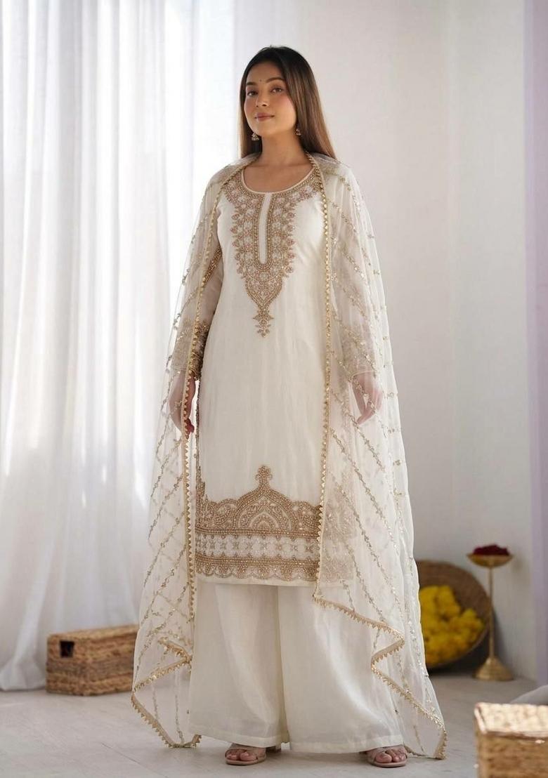White Embroidered Silk Palazzo Set - Indya