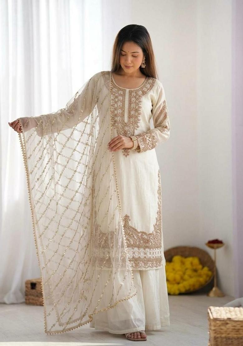 White Embroidered Silk Palazzo Set - Indya