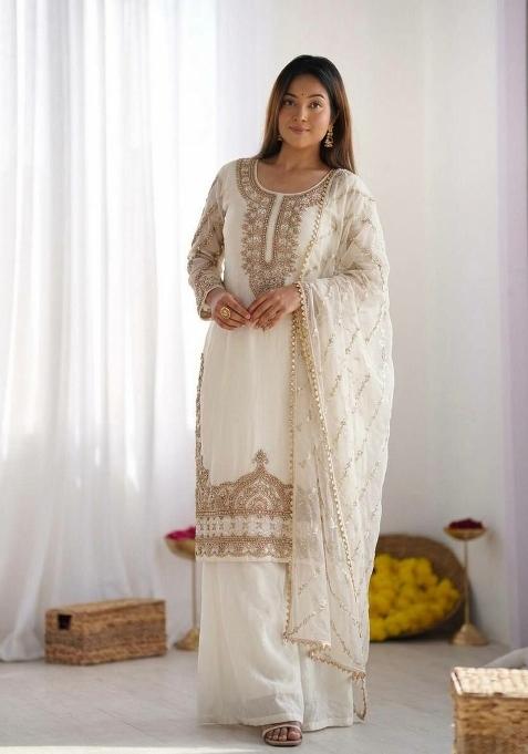 White Embroidered Silk Palazzo Set