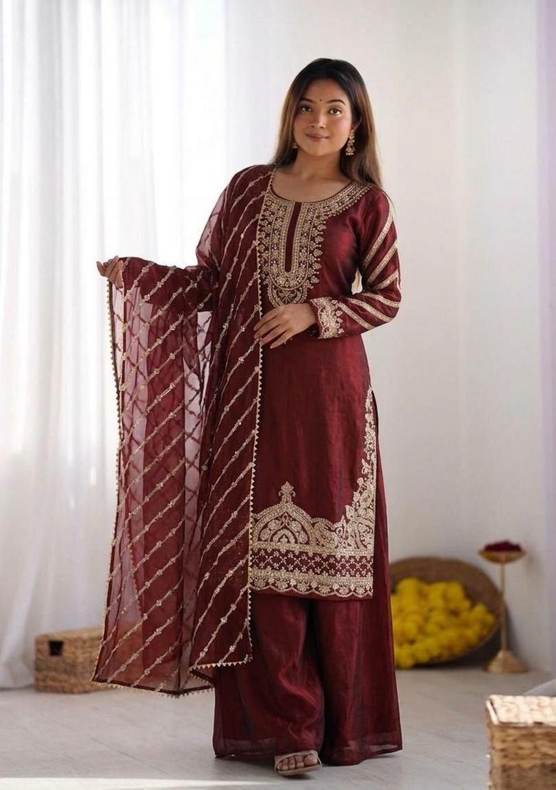 Maroon Embroidered Silk Palazzo Set - Indya