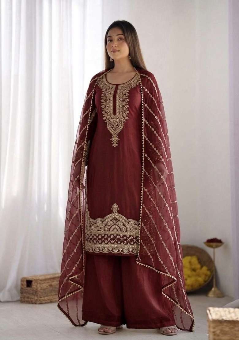 Maroon Embroidered Silk Palazzo Set - Indya