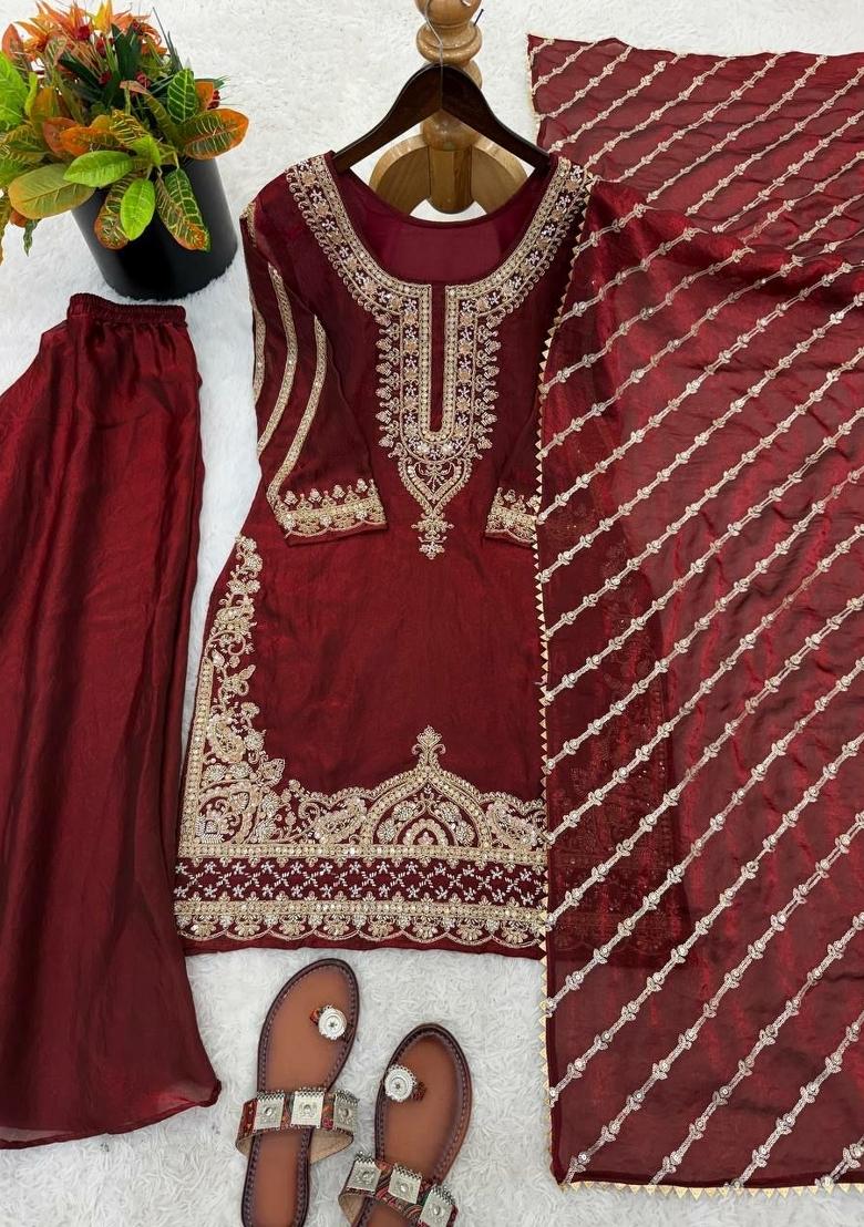 Maroon Embroidered Silk Palazzo Set - Indya