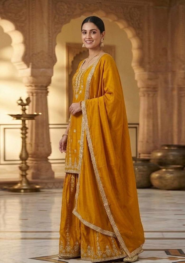 Yellow Embroidered Silk Sharara Set - Indya