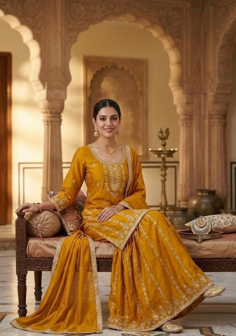Yellow Embroidered Silk Sharara Set - Indya
