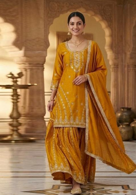 Yellow Embroidered Silk Sharara Set