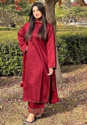 Red Embroidered Silk Pakistani Suit