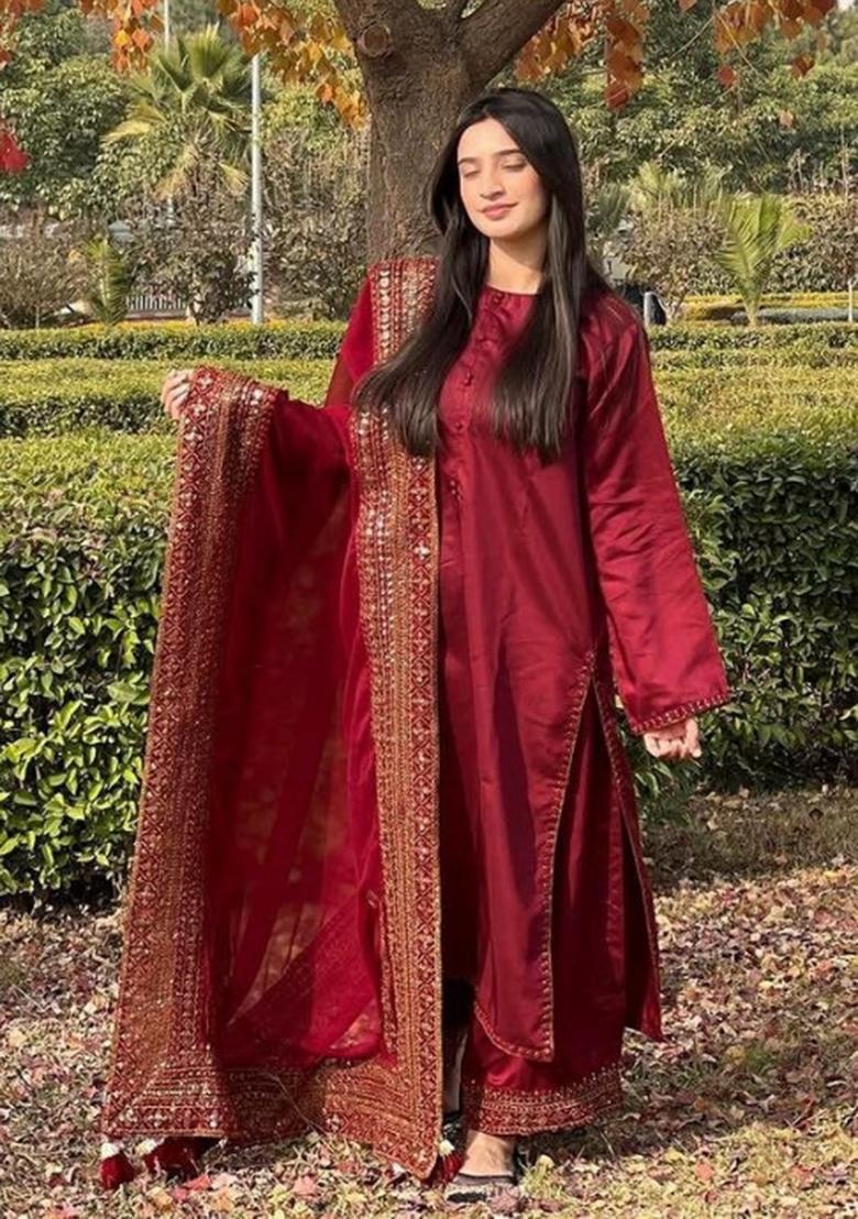 Red Embroidered Silk Pakistani Suit - Indya