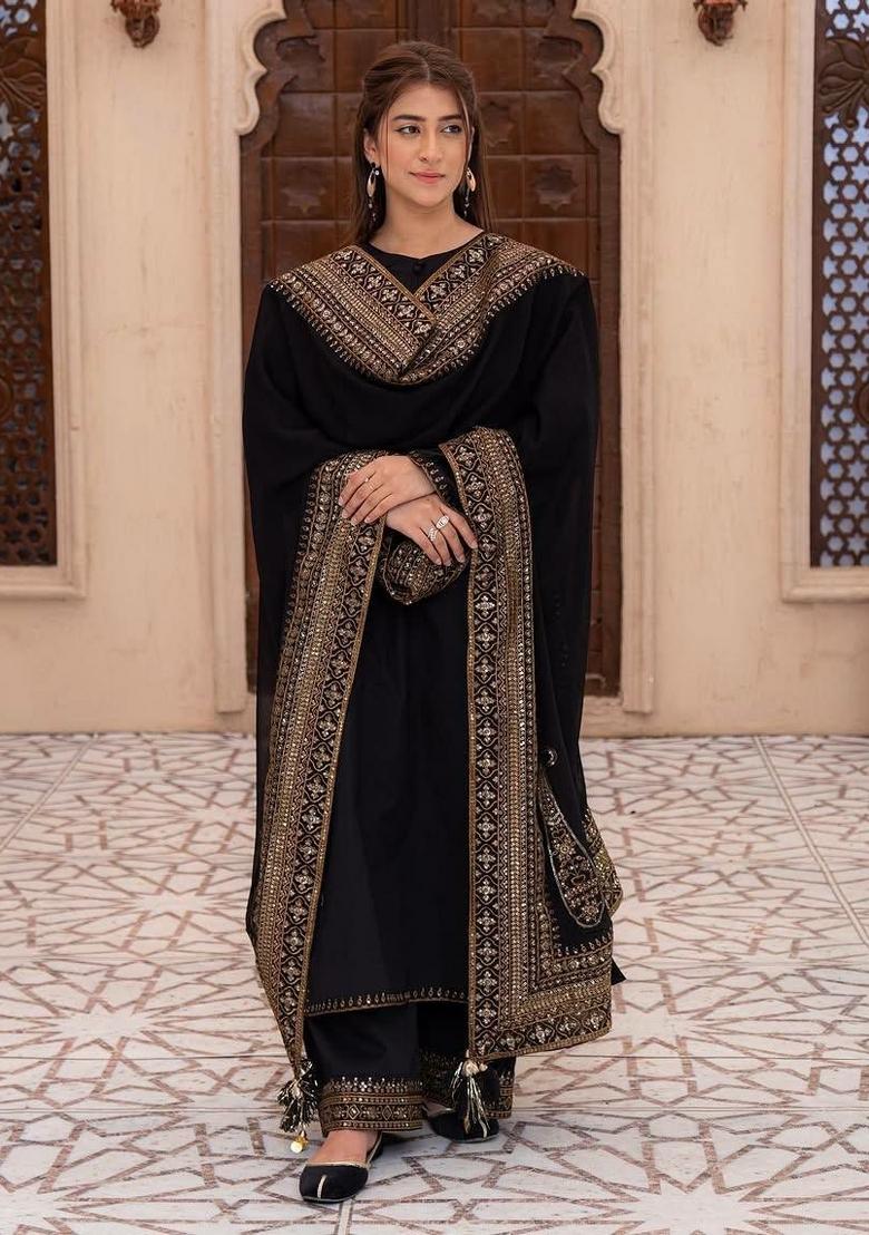 Black Embroidered Silk Pakistani Suit - Indya