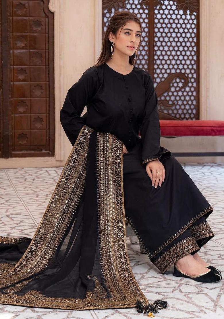 Black Embroidered Silk Pakistani Suit - Indya