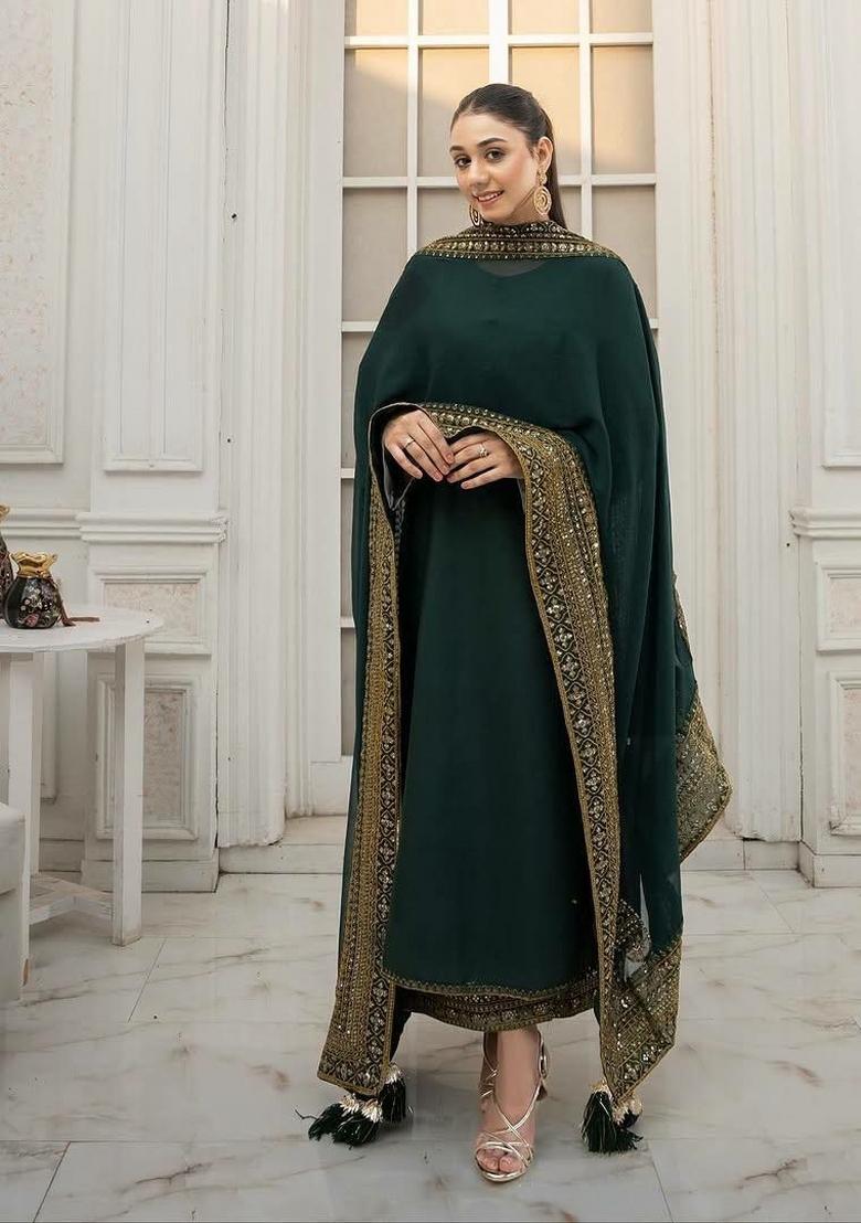 Teal Green&nbsp; Embroidered Silk Pakistani Suit - Indya