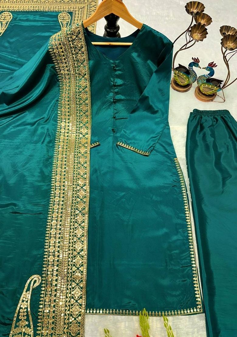 Teal Green&nbsp; Embroidered Silk Pakistani Suit - Indya