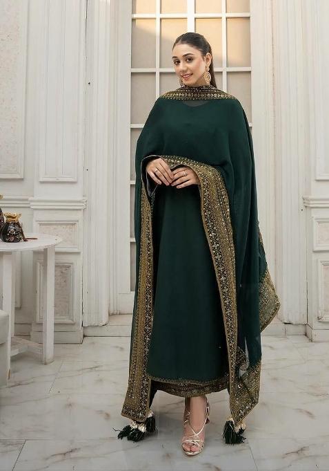 Teal Green&nbsp; Embroidered Silk Pakistani Suit