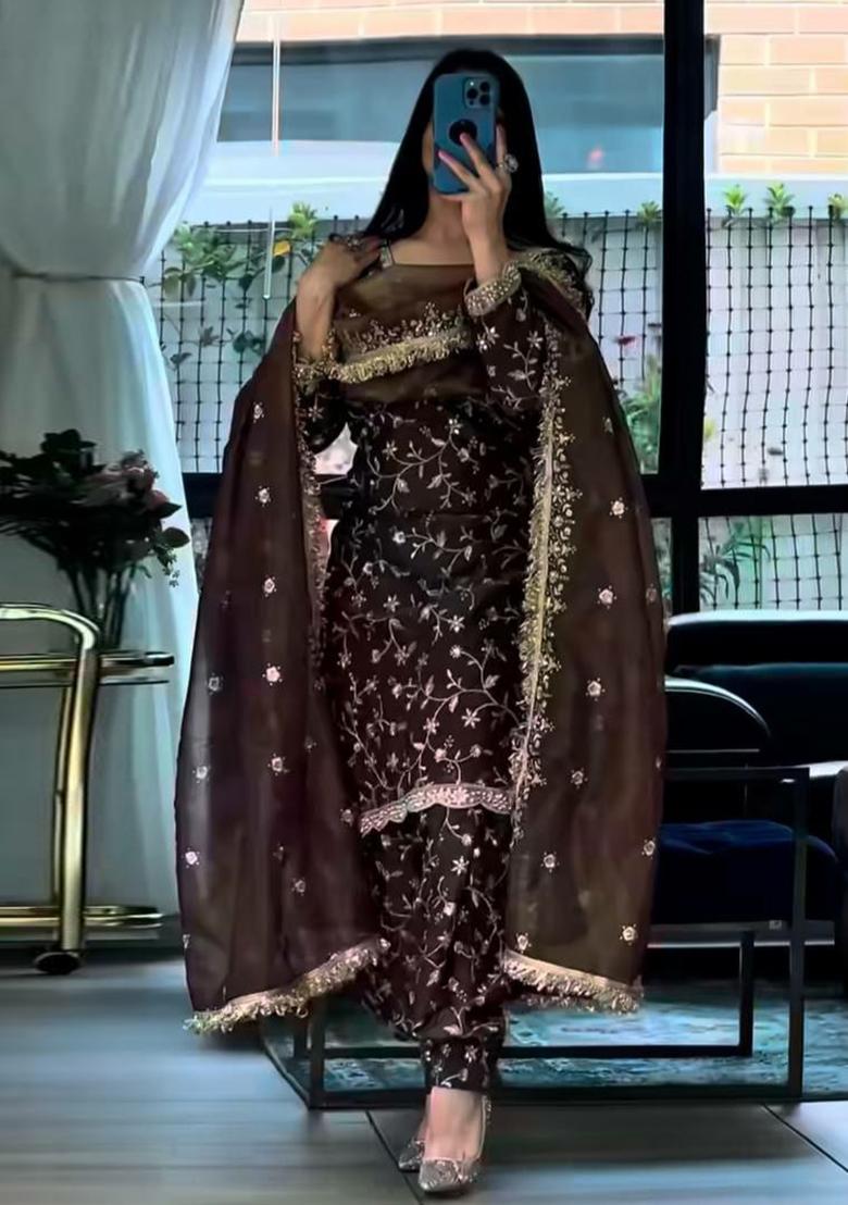 Brown Embroidered Silk Blend Farshi Salwar Set - Indya