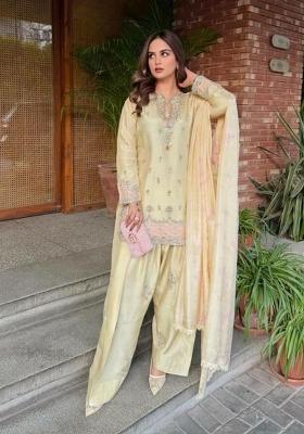 Yellow Embroidered Satin Palazzo Set
