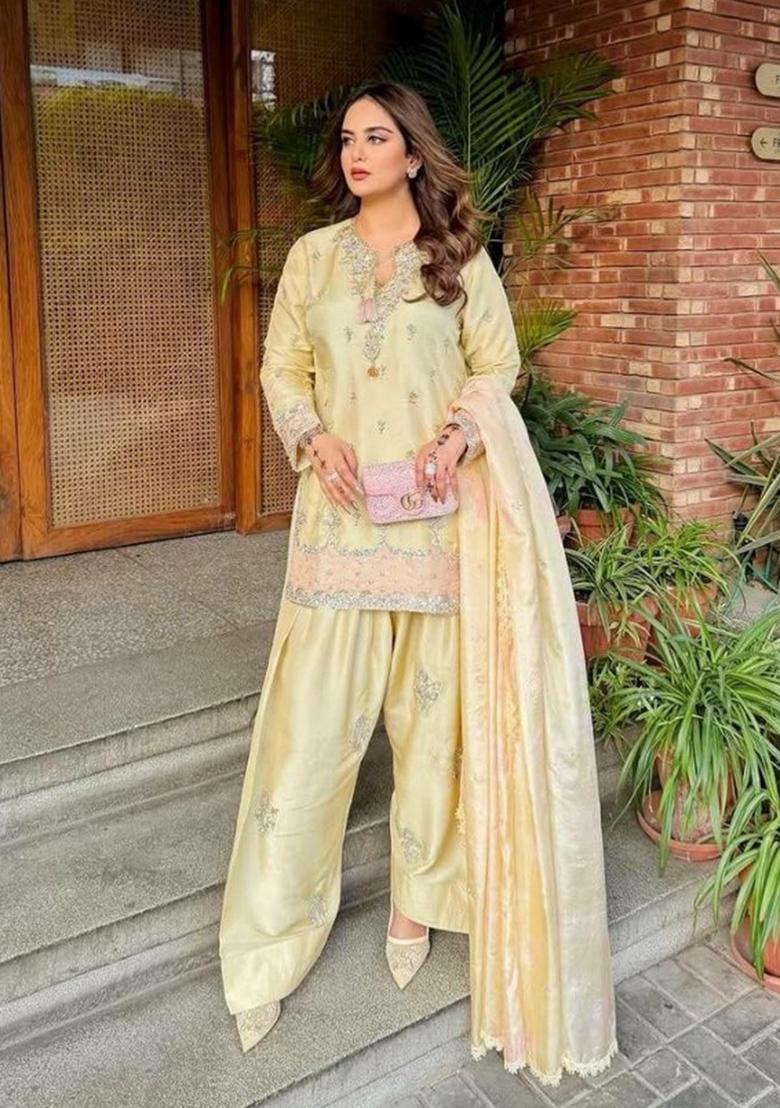 Yellow Embroidered Satin Palazzo Set - Indya