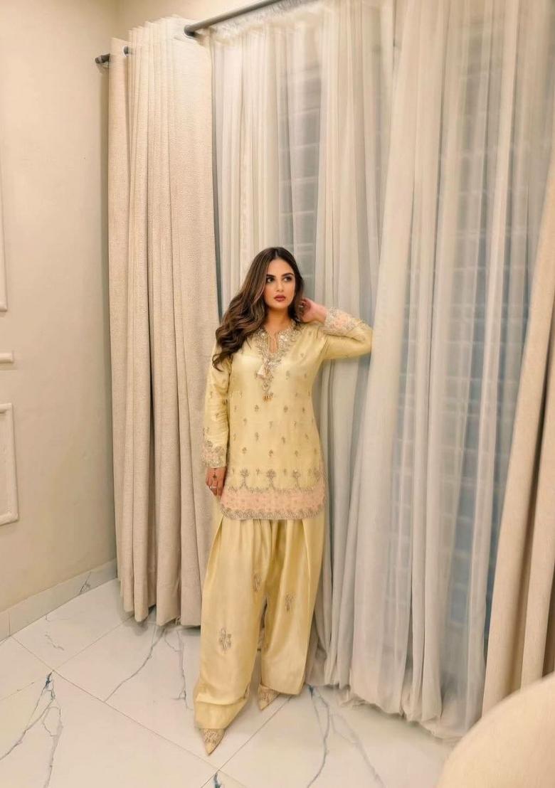 Yellow Embroidered Satin Palazzo Set - Indya