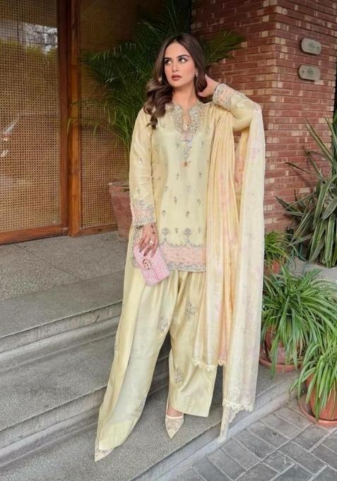 Yellow Embroidered Satin Palazzo Set