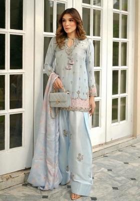 Blue Embroidered Satin Palazzo Set
