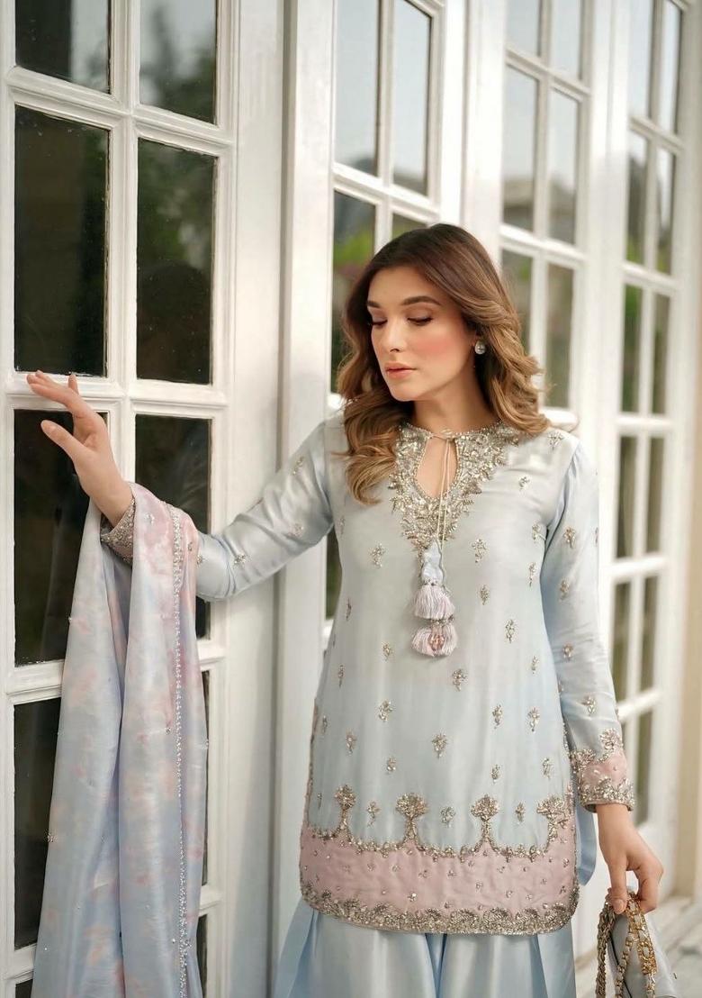 Blue Embroidered Satin Palazzo Set - Indya
