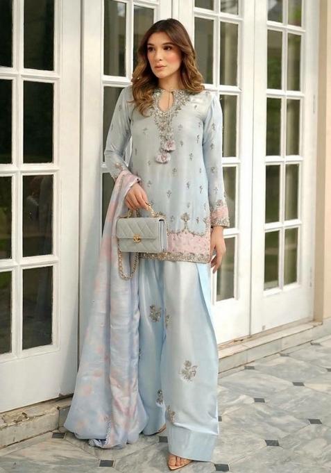 Blue Embroidered Satin Palazzo Set