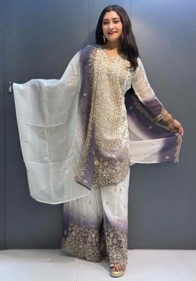 White And Purple&nbsp; Embroidered Georgette Palazzo Set