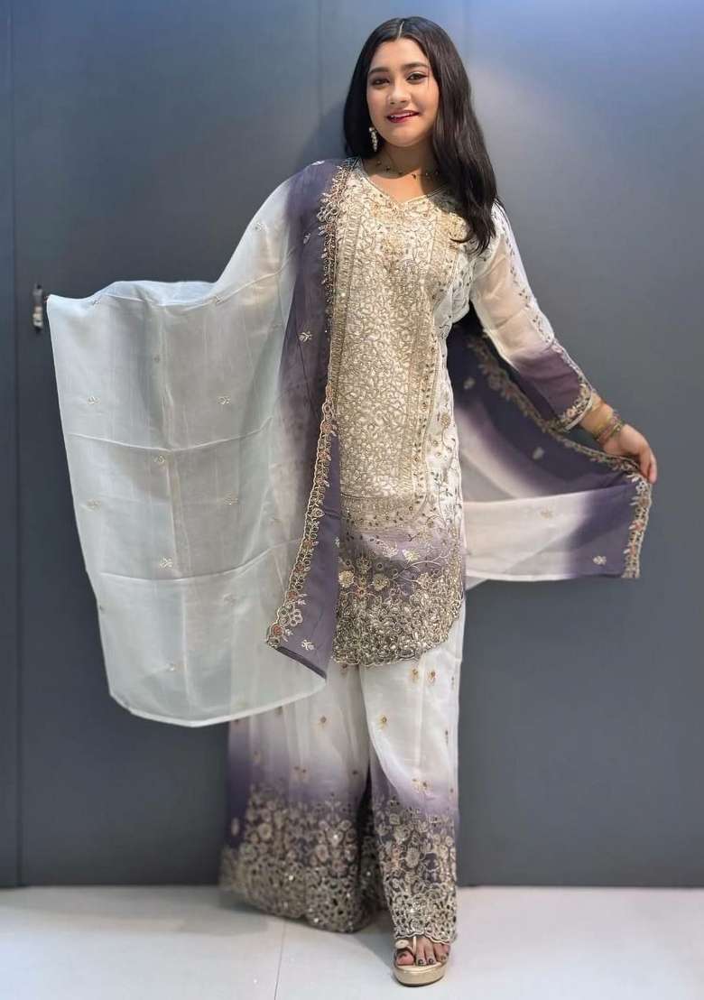 White And Purple&nbsp; Embroidered Georgette Palazzo Set - Indya