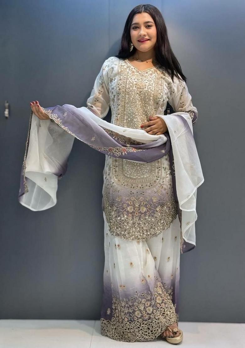 White And Purple&nbsp; Embroidered Georgette Palazzo Set - Indya