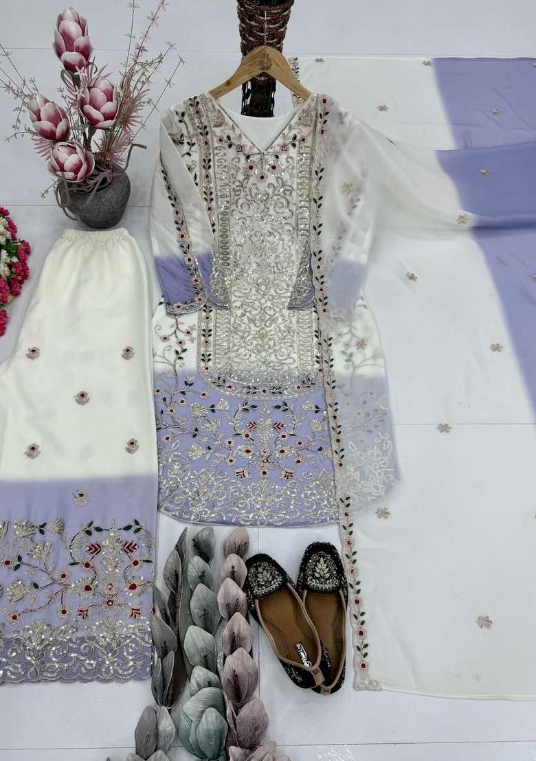 White And Purple&nbsp; Embroidered Georgette Palazzo Set - Indya