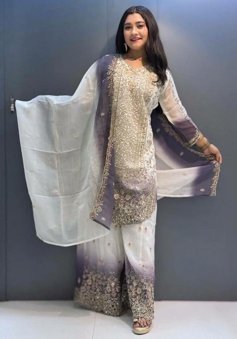 White And Purple&nbsp; Embroidered Georgette Palazzo Set