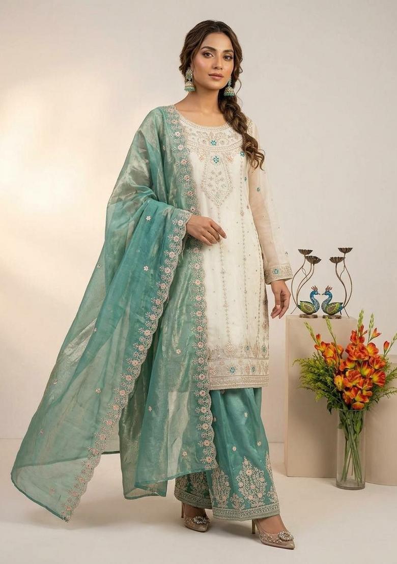 White Embroidered Silk Sharara Set - Indya