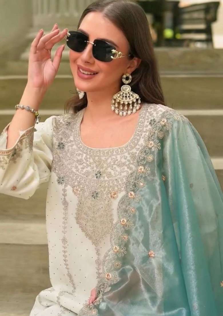White Embroidered Silk Sharara Set - Indya