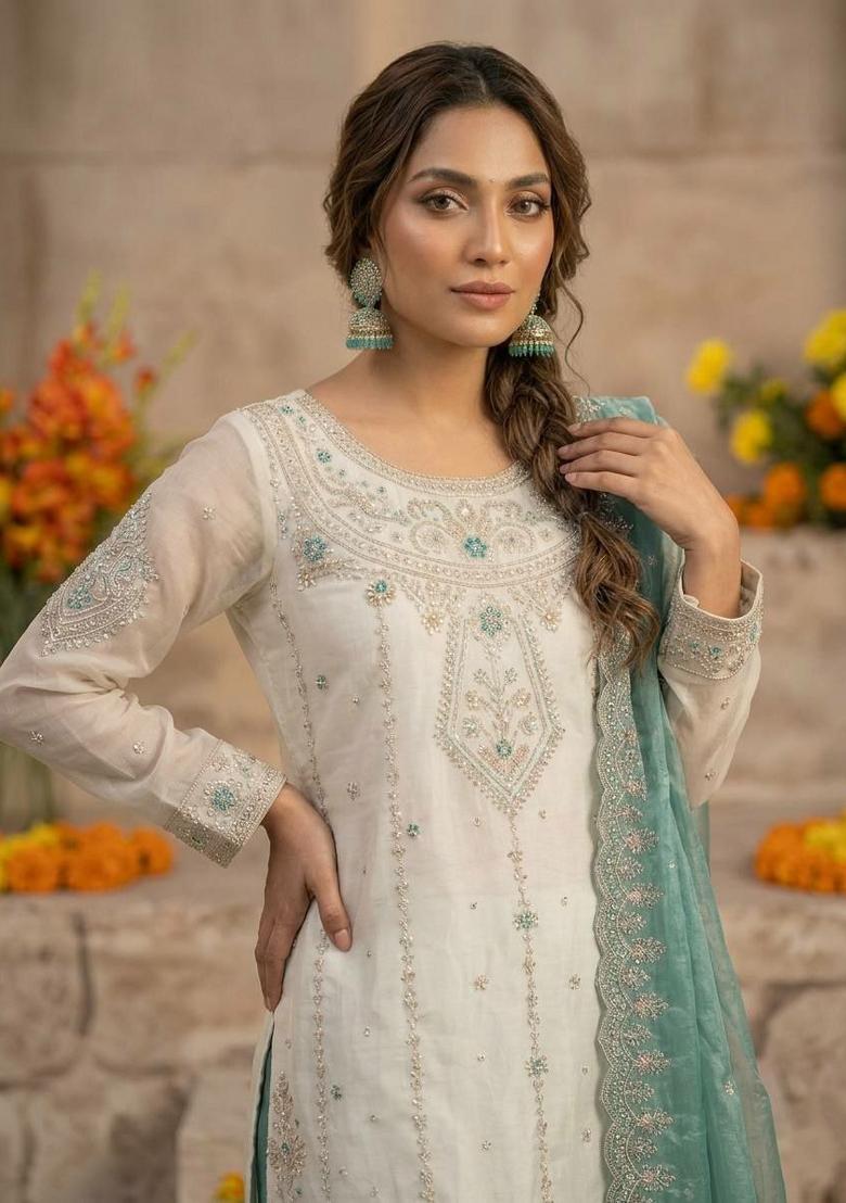 White Embroidered Silk Sharara Set - Indya