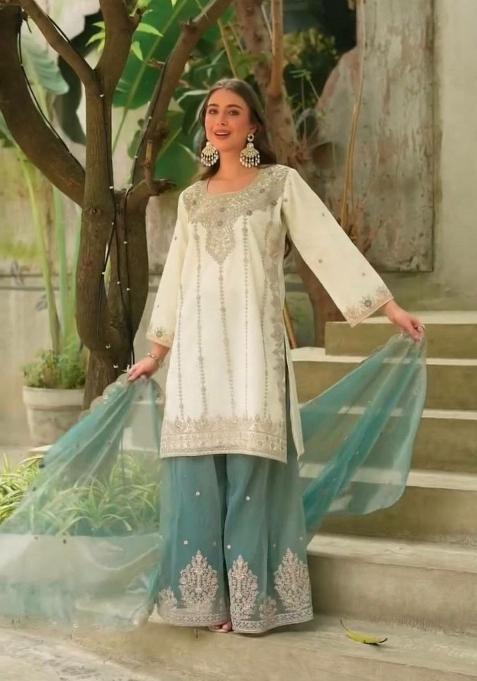 White Embroidered Silk Sharara Set