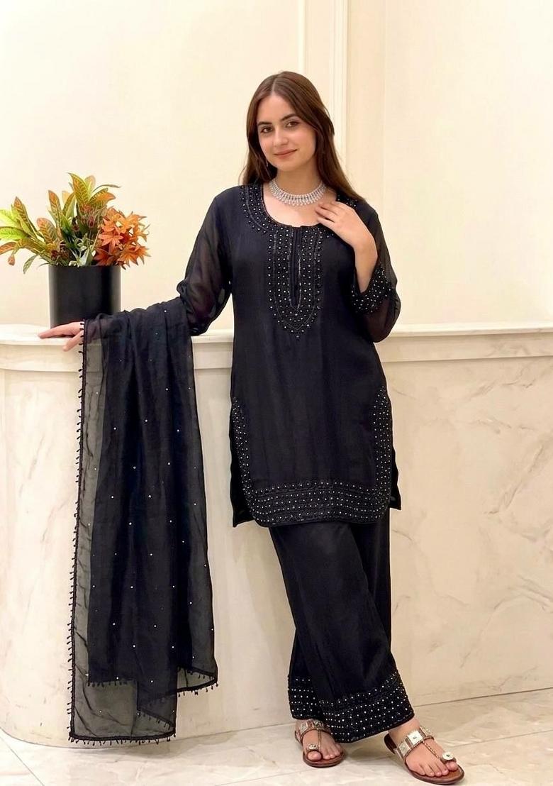 Black Embroidered Silk Pakistani Suit - Indya