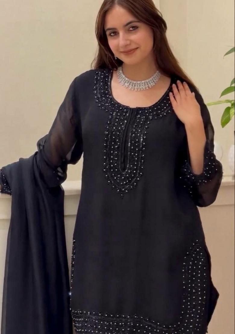 Black Embroidered Silk Pakistani Suit - Indya
