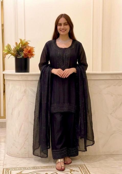 Black Embroidered Silk Pakistani Suit