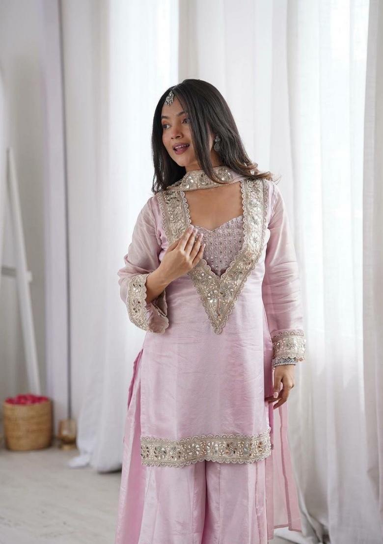 Pink Embroidered Silk Palazzo Set - Indya