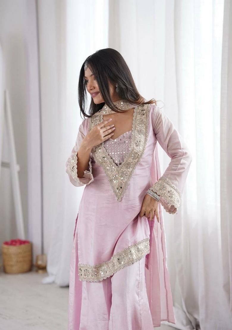 Pink Embroidered Silk Palazzo Set - Indya