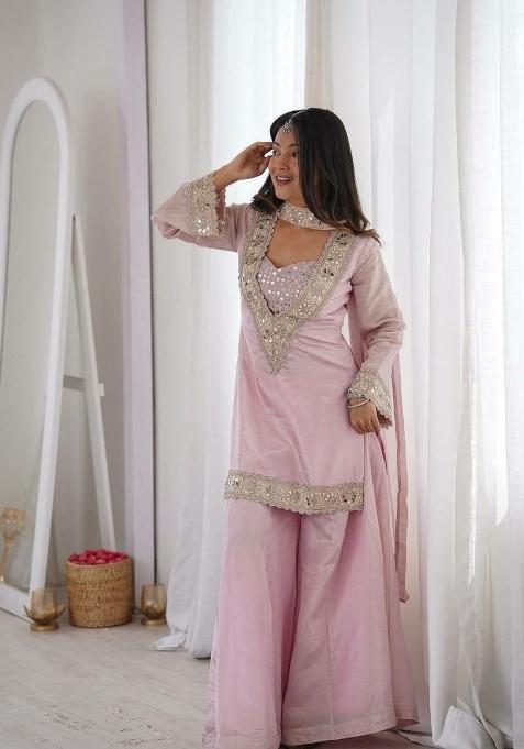 Pink Embroidered Silk Palazzo Set