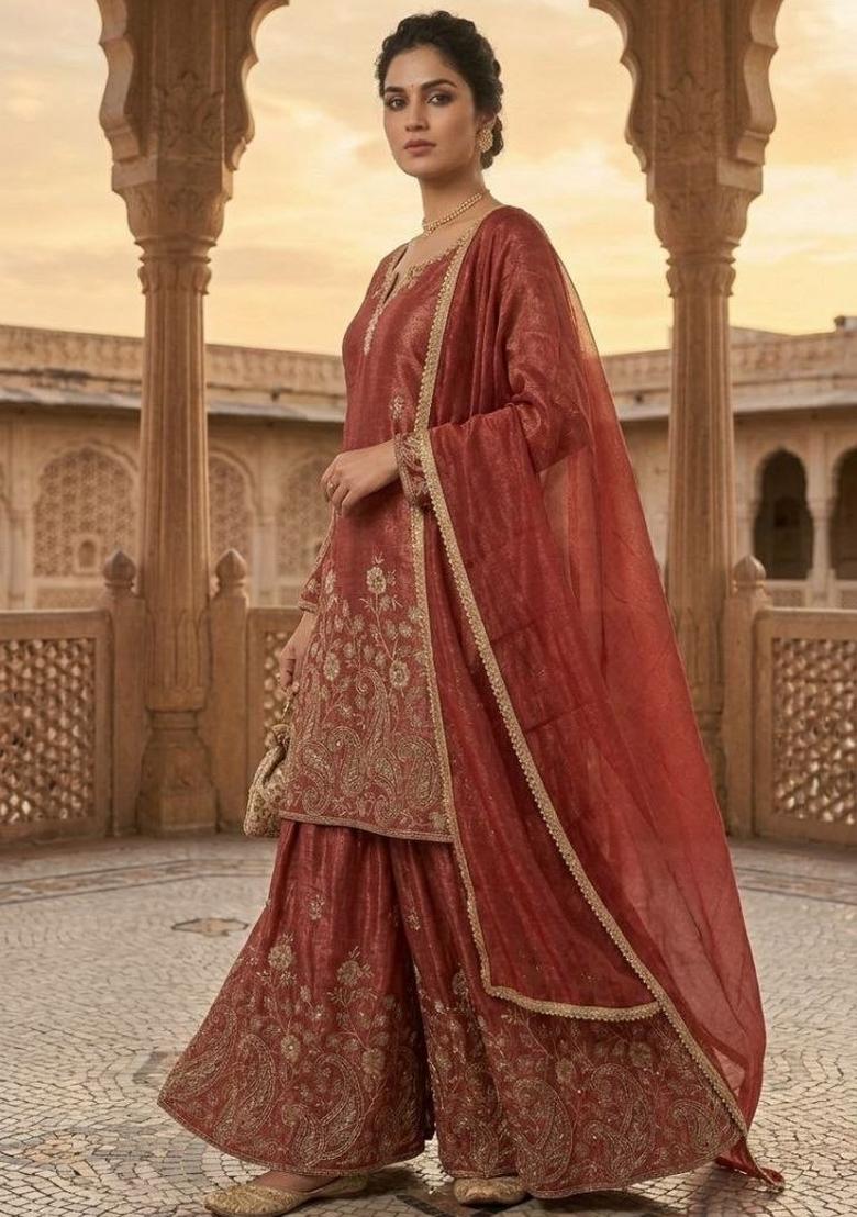 Maroon Embroidered Silk Sharara Set - Indya