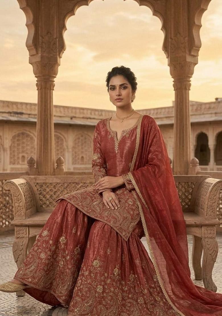 Maroon Embroidered Silk Sharara Set - Indya