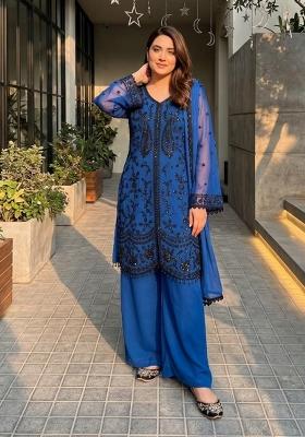 Royal Blue Sequin Work Georgette Sharara Set
